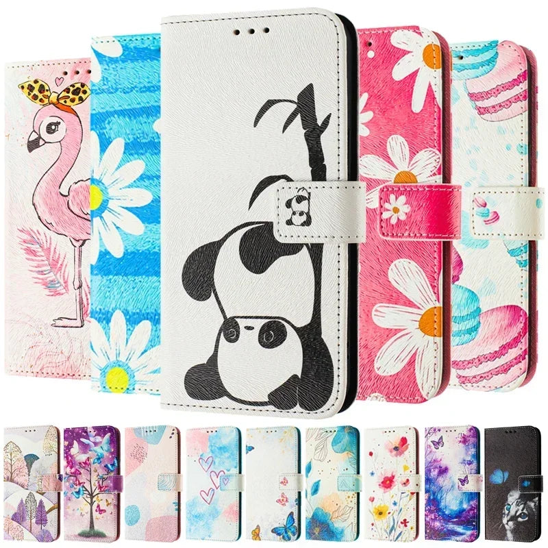 13 Funda de teléfono de cuero para iPhone 13 12 Mini 11 Pro 13Pro 12Pro Max 11Pro Coque Flip Cover Wallet fundas pintadas magnéticas gato oso