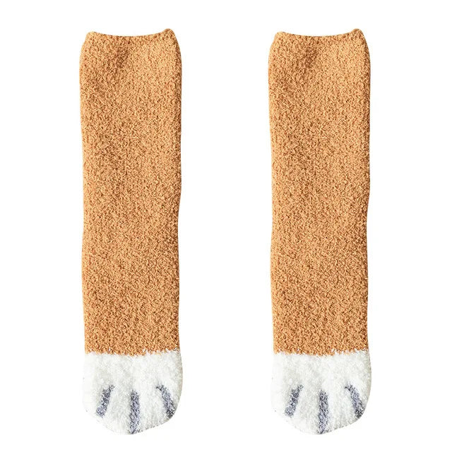 Calcetines blancos de dibujos animados Kawaii para mujer, bonitos calcetines 3d con diseño de pata de perro y gato, calcetines cálidos y divertidos de lana para dormir en el suelo del hogar
