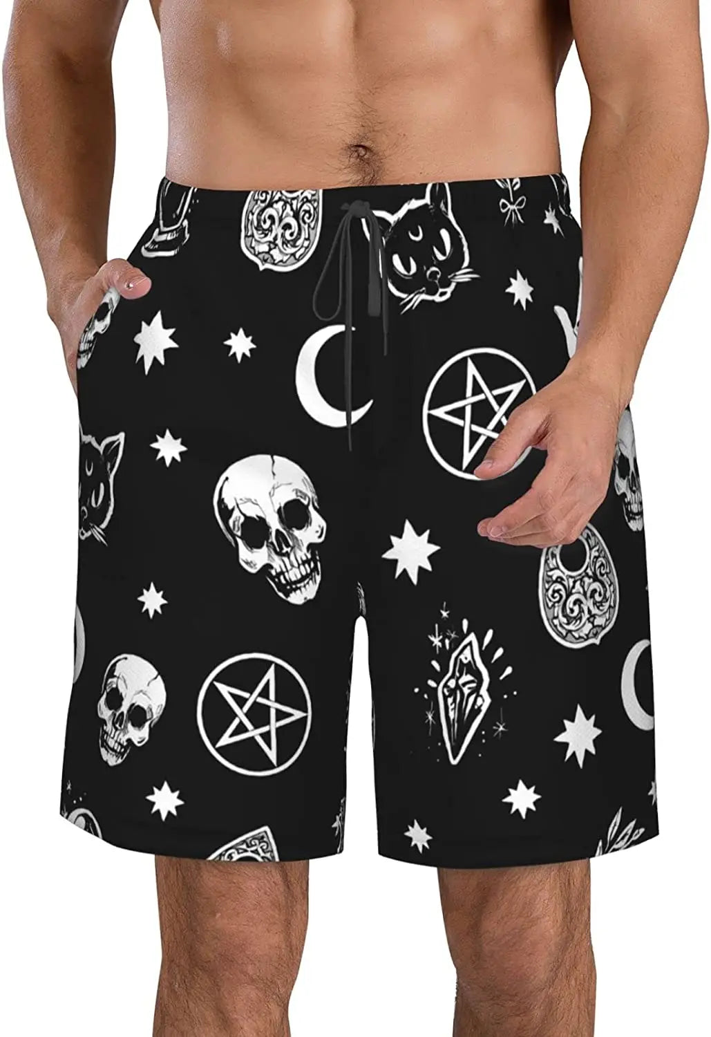 Bañador de secado rápido con forro de malla para hombre, pantalones largos de playa y Surf, pantalones cortos de tabla, góticos, Luna, gato, Calavera, Verano