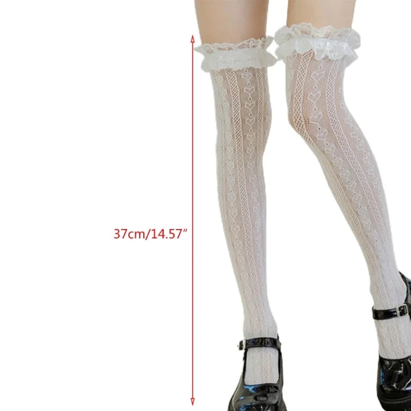 Calcetines hasta el muslo de rejilla estilo japonés para mujer, medias largas por encima de la rodilla con estampado de encaje a rayas y corazón, con volantes, Kawaii