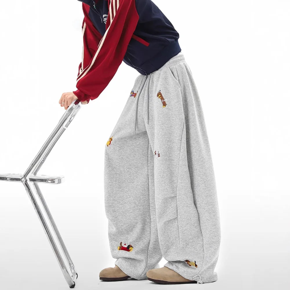 Pantalones de chándal holgados con bordado de perro salchicha, joggers casuales de pierna ancha, estilo streetwear para parejas, divertidos, a la moda y cómodos.