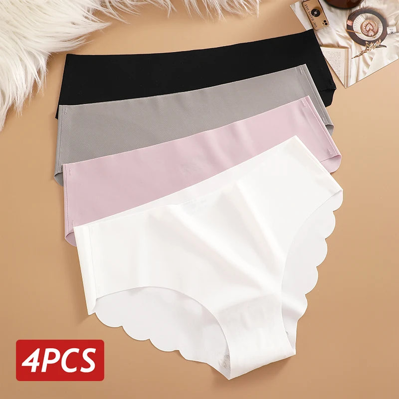 Braguitas de Seda de Hielo sin Costuras, 4 Piezas/Juego, Braguitas de Mujer de Color Sólido, Ropa Interior Elástica, Ultrafinas, sin Rastro, con Laterales Ondulados