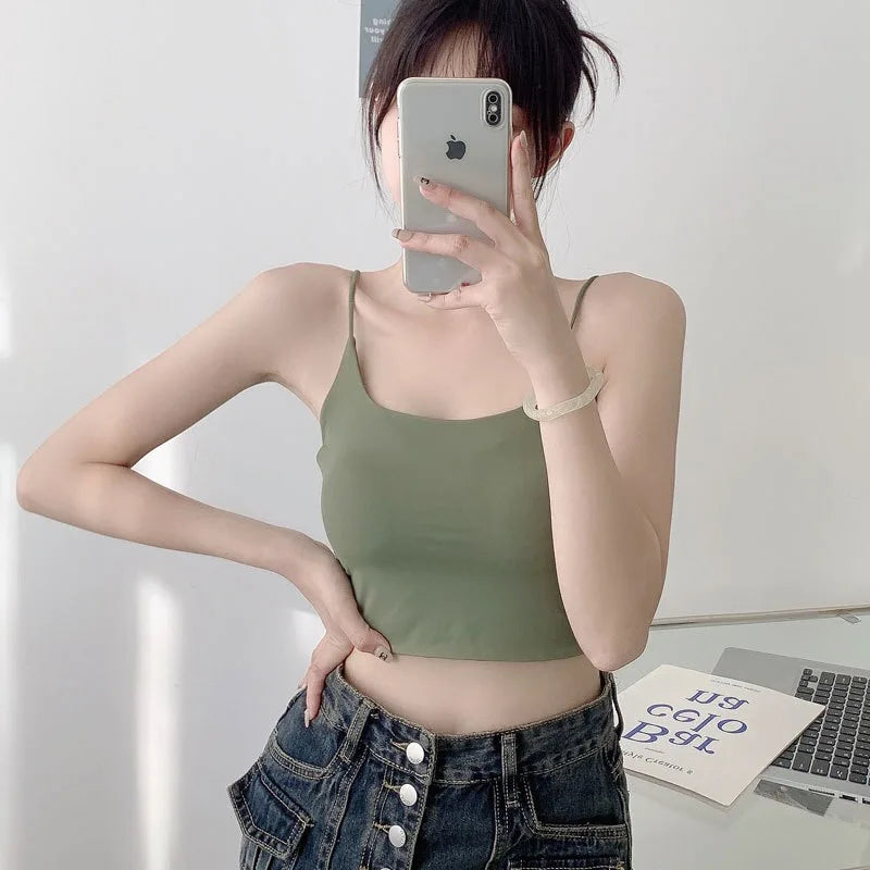 Top con sujetador de verano para mujer, Top corto de seda helada, Tops de tubo sin costuras, camisola, ropa interior, moda coreana, Bralette con relleno liso, chaleco