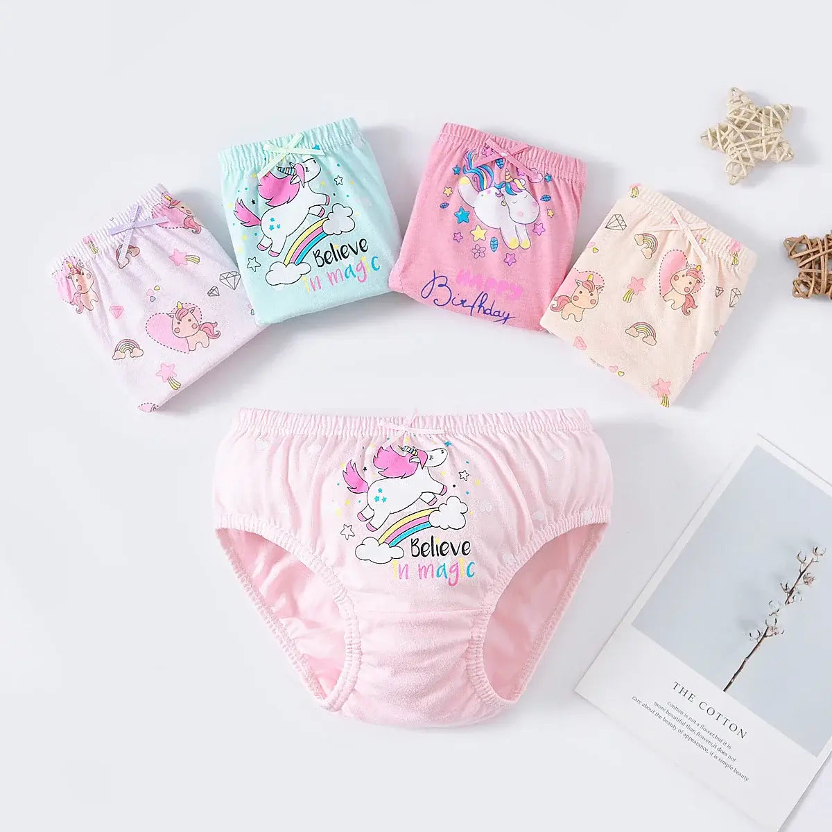 2/5/10 Uds bragas de algodón para niñas lindo gato unicornio Arco Iris varios patrones de dibujos animados calzoncillos para niñas ropa interior cómoda y suave para niños.
