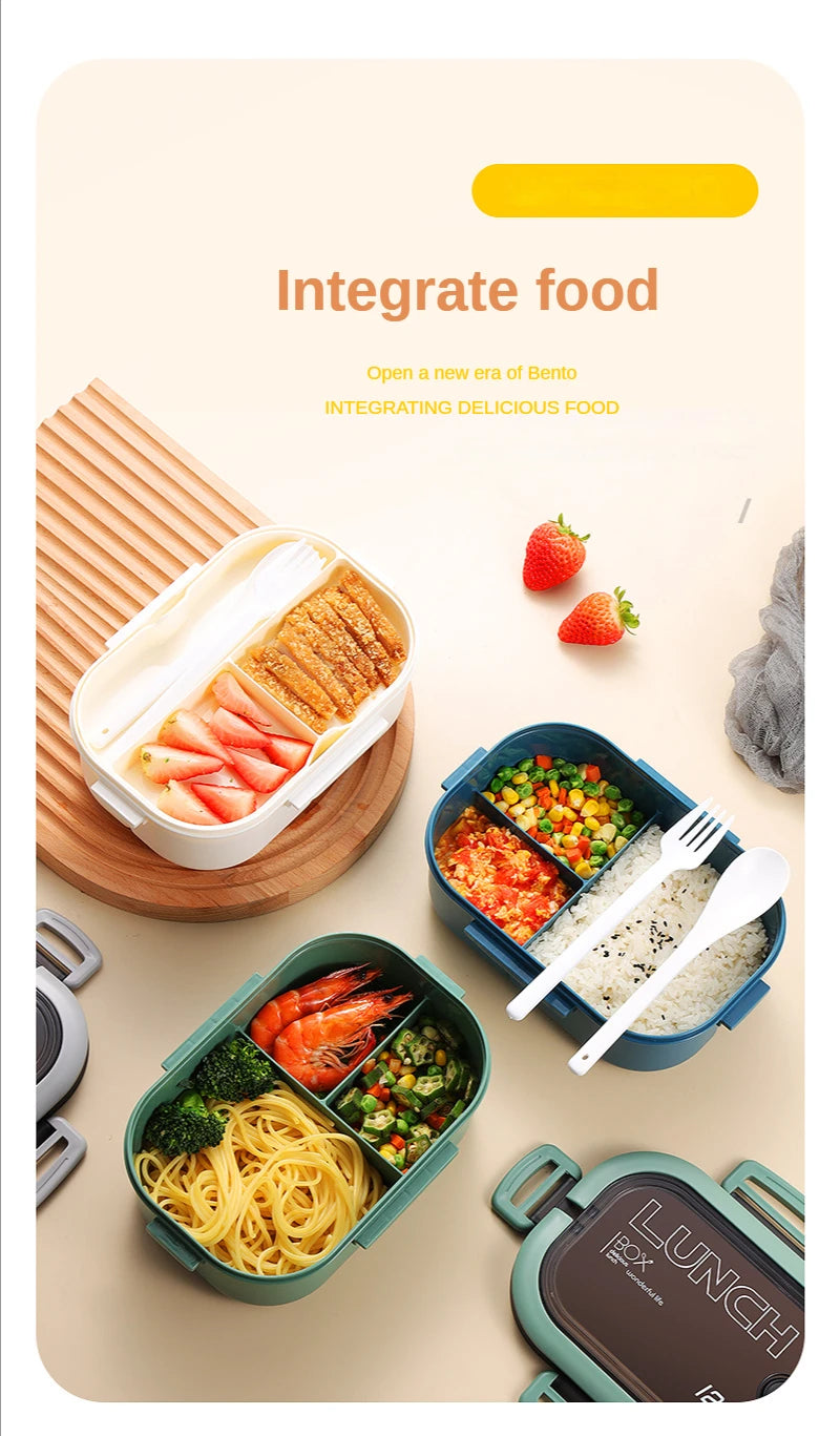 Fiambrera Bento de 2 capas con cuchara y tenedor para niños, contenedores de comida de Microwae de alta capacidad, portátiles, a prueba de fugas, para oficina y Camping, 1200ML