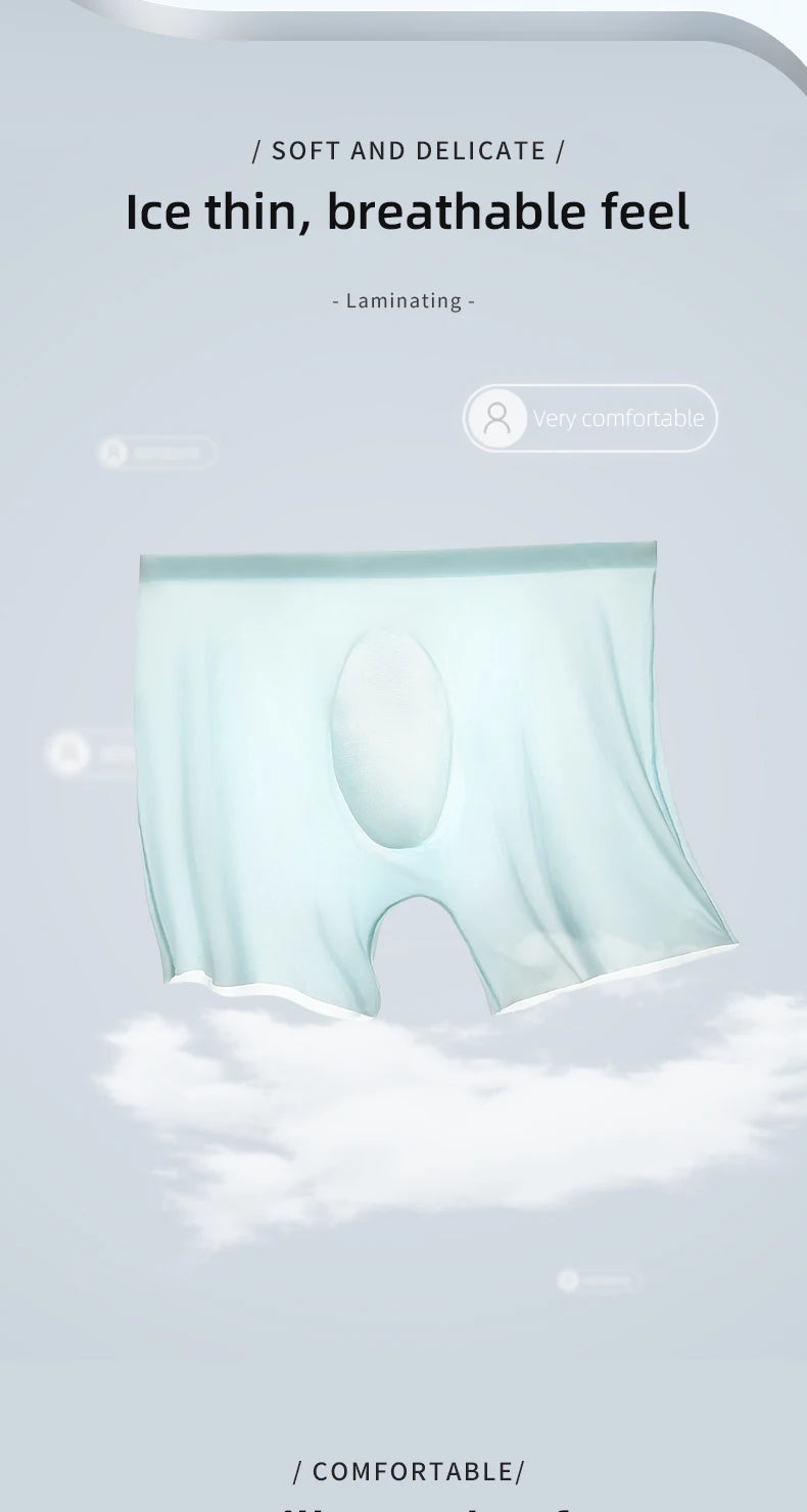 Ropa interior para hombre, Boxers de seda helada con estampado 3D, Boxers finos sin costuras, pantalones cortos deportivos alargados de verano para la cabeza