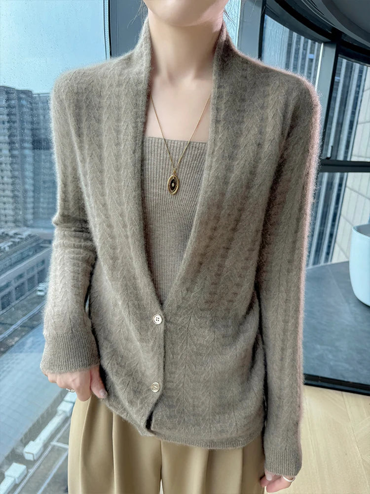 Cárdigan con cuello de bufanda para mujer, Tops, Otoño Invierno, nuevo suéter elegante de lana merina de 100%, suéter de lana elegante para mujer, blusa suave elegante