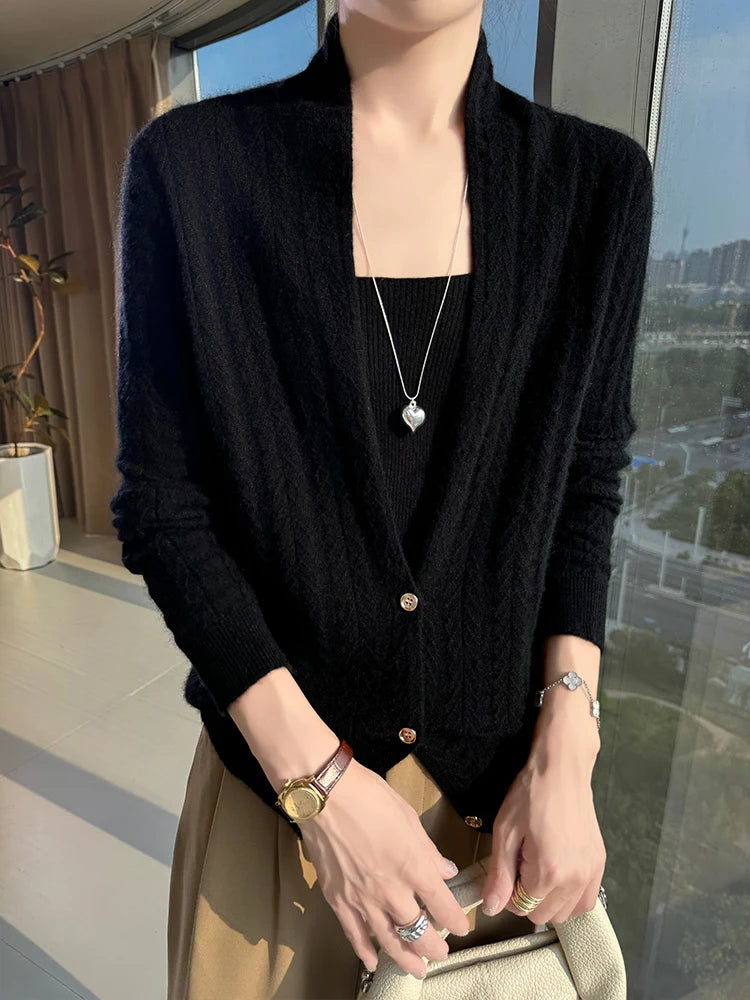 Cárdigan con cuello de bufanda para mujer, Tops, Otoño Invierno, nuevo suéter elegante de lana merina de 100%, suéter de lana elegante para mujer, blusa suave elegante