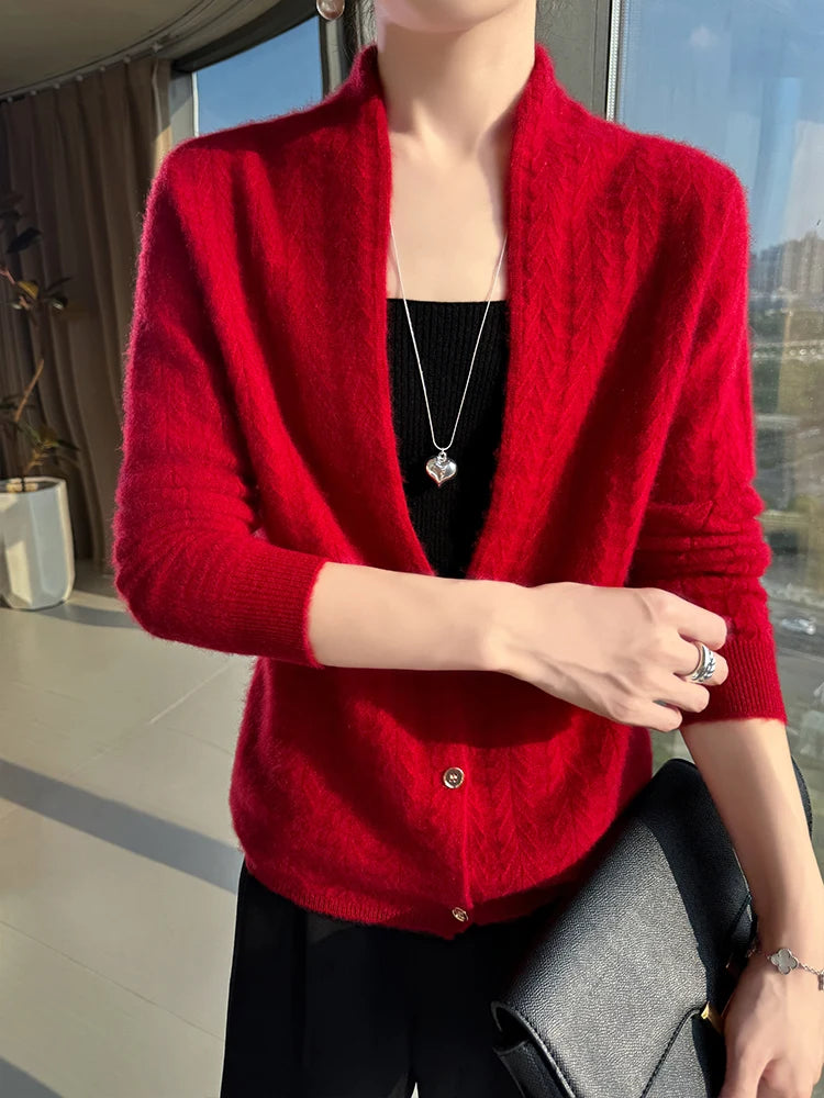 Cárdigan con cuello de bufanda para mujer, Tops, Otoño Invierno, nuevo suéter elegante de lana merina de 100%, suéter de lana elegante para mujer, blusa suave elegante