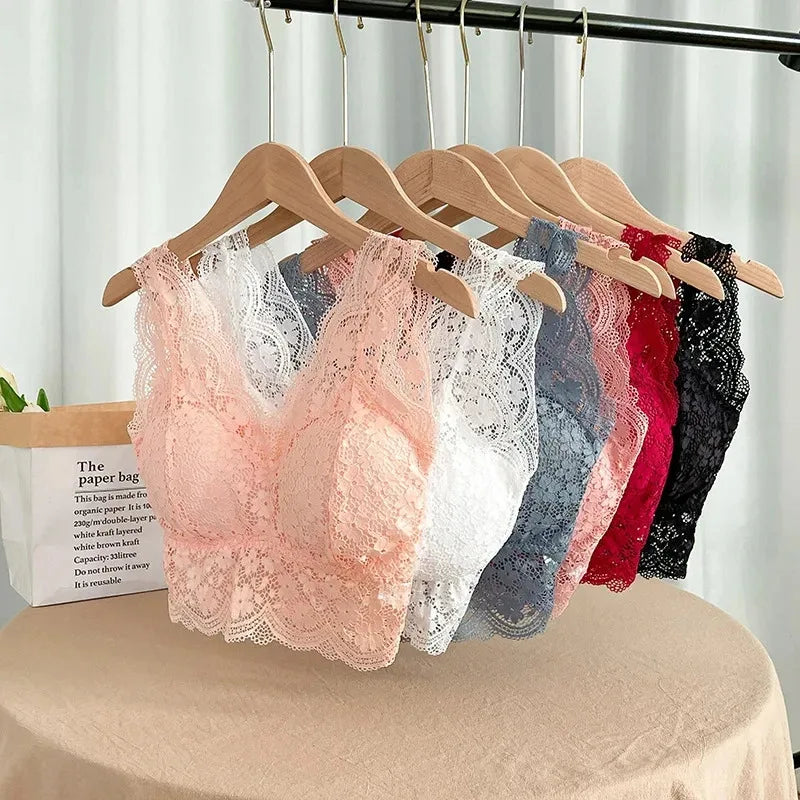 Sujetadores de encaje para mujer, Top con escote en V profundo, lencería Sexy sin aros, camisetas sin mangas, ropa interior femenina, Bralette con espalda en V, camisola acolchada