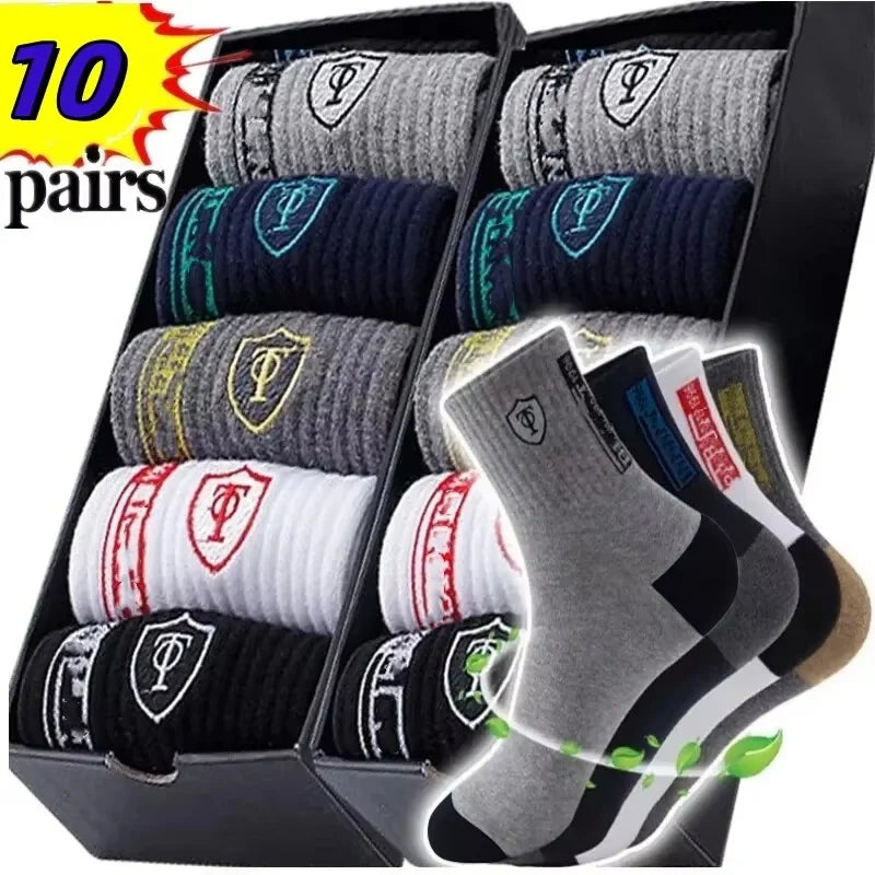 10 pares de medias deportivas de algodón transpirables para hombre, calcetines de fibra de bambú para otoño e invierno, desodorante con absorción de sudor, calcetines de negocios