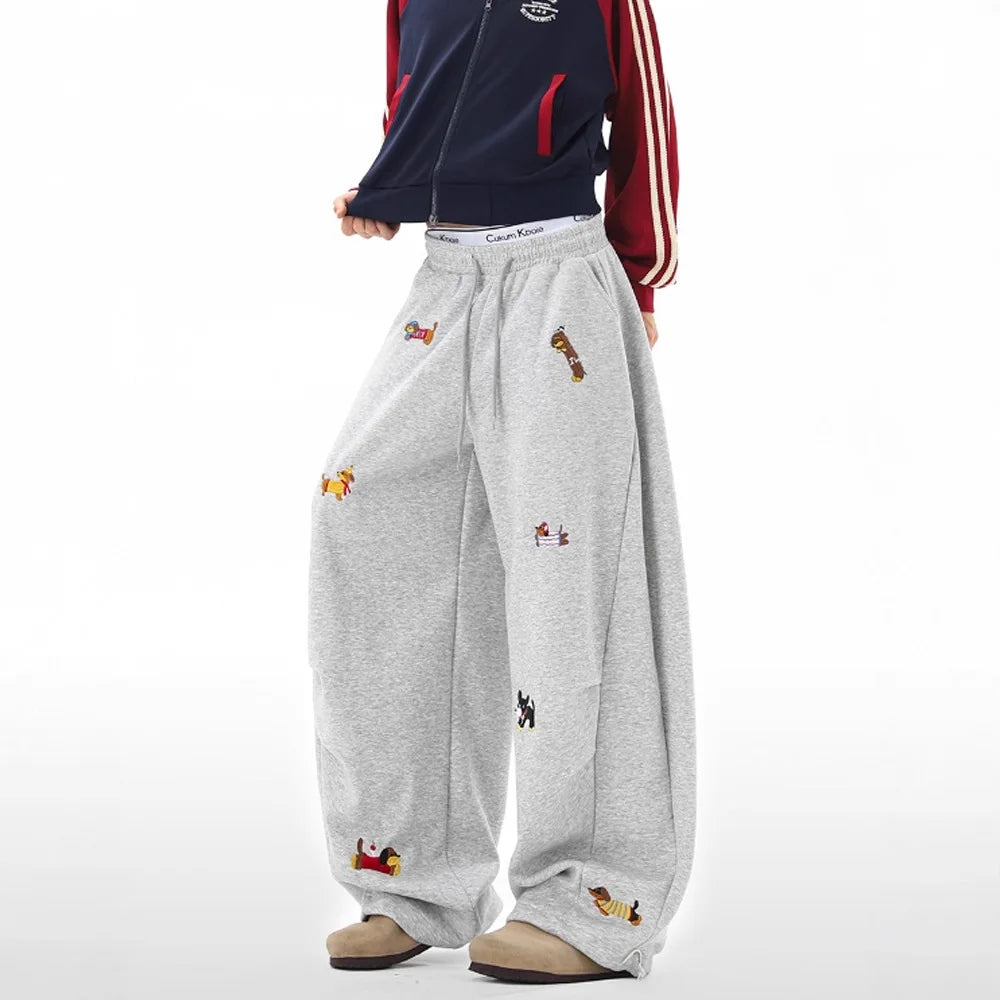 Pantalones de chándal holgados con bordado de perro salchicha, joggers casuales de pierna ancha, estilo streetwear para parejas, divertidos, a la moda y cómodos.