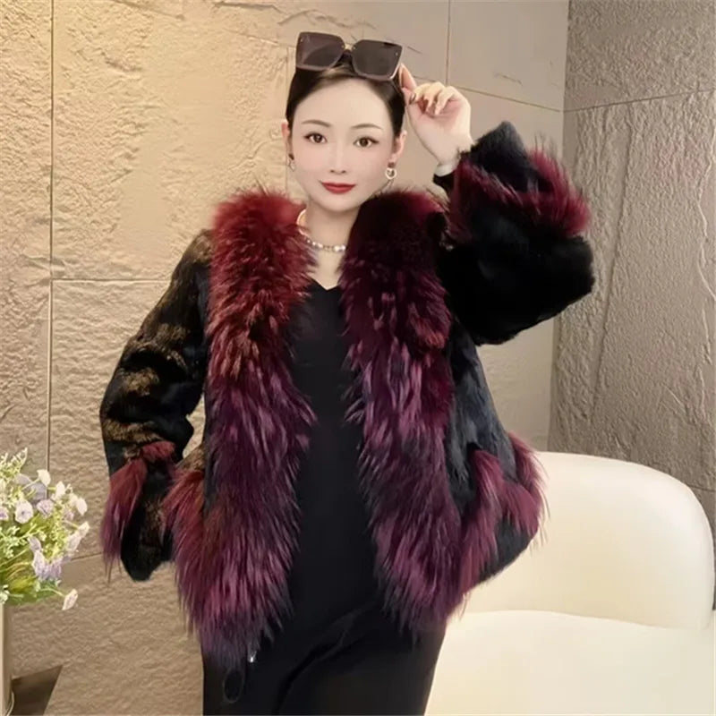 Abrigo de piel de conejo Rex auténtica para mujer, Chaqueta corta gruesa y cálida con cuello de piel de perro mapache, prendas de vestir exteriores cálidas elegantes para otoño e invierno