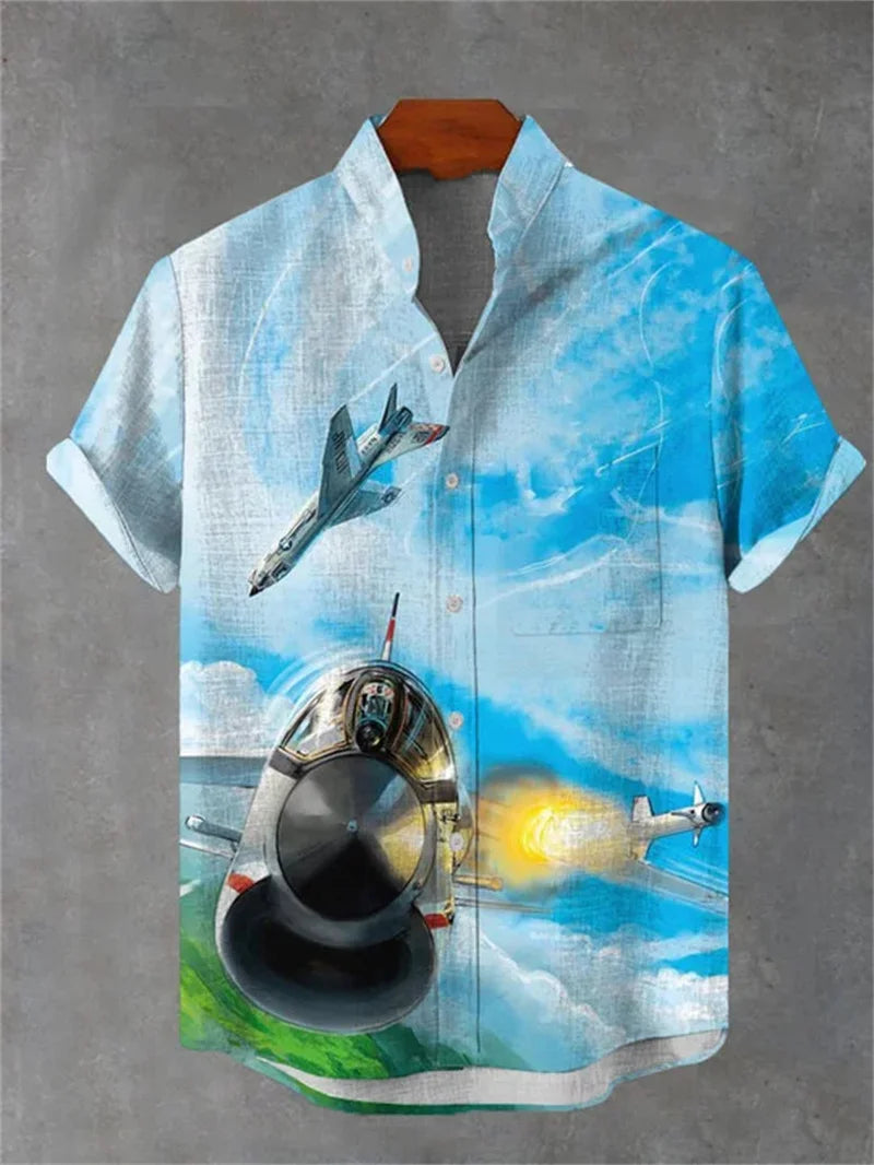 camisa de hombre estampado 3D gato en estilo casual con diseño de aviones en fondo azul claro.