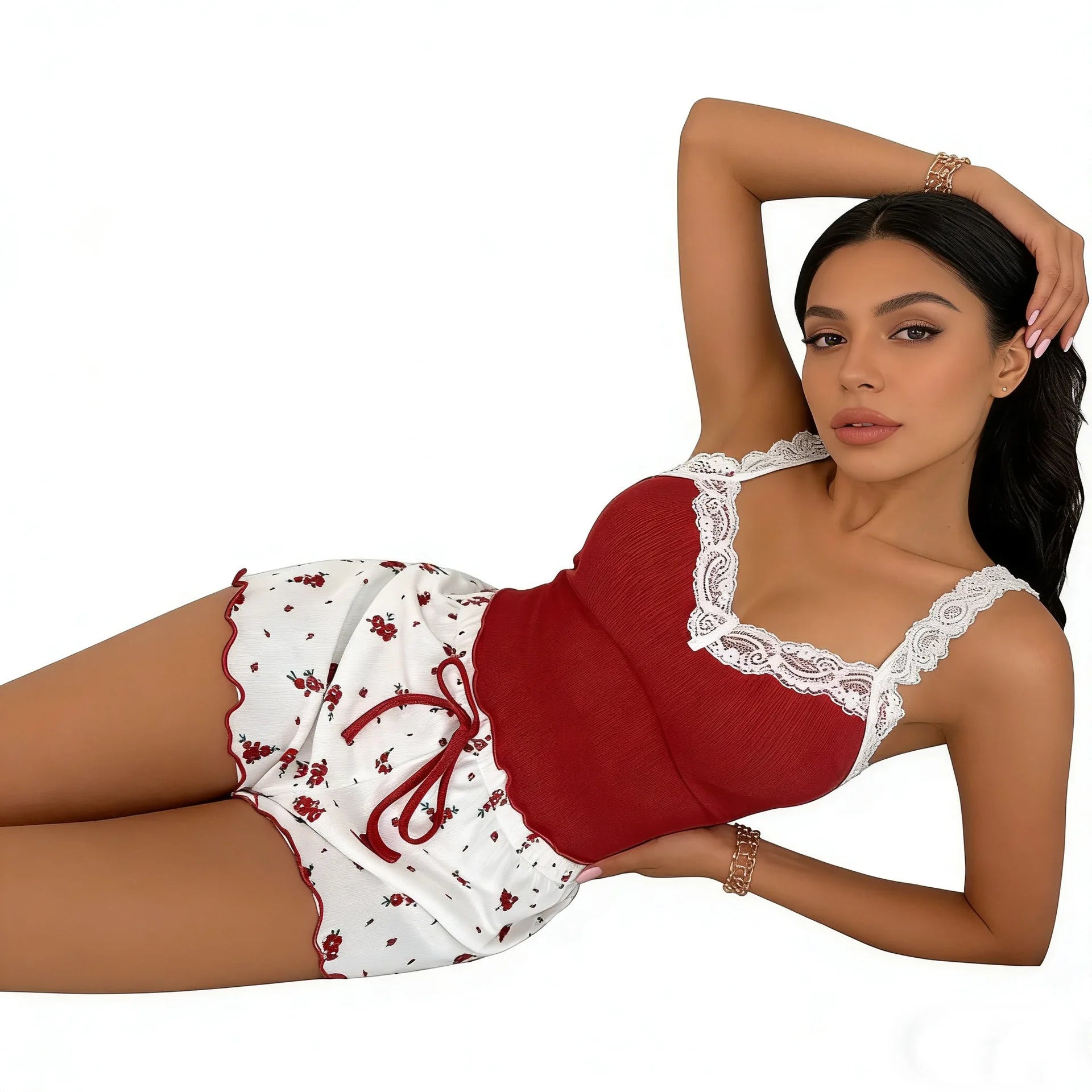 Conjunto de dos piezas de lencería sexy de encaje para mujer 2026: camisola y shorts ajustados para el hogar, nuevo producto en rosa, café y azul.