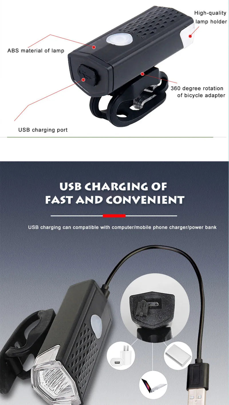 Juego de luces delanteras para bicicleta con luz trasera, recargable por USB, fácil de instalar, 3 modos, accesorios para bicicleta de carretera MTB