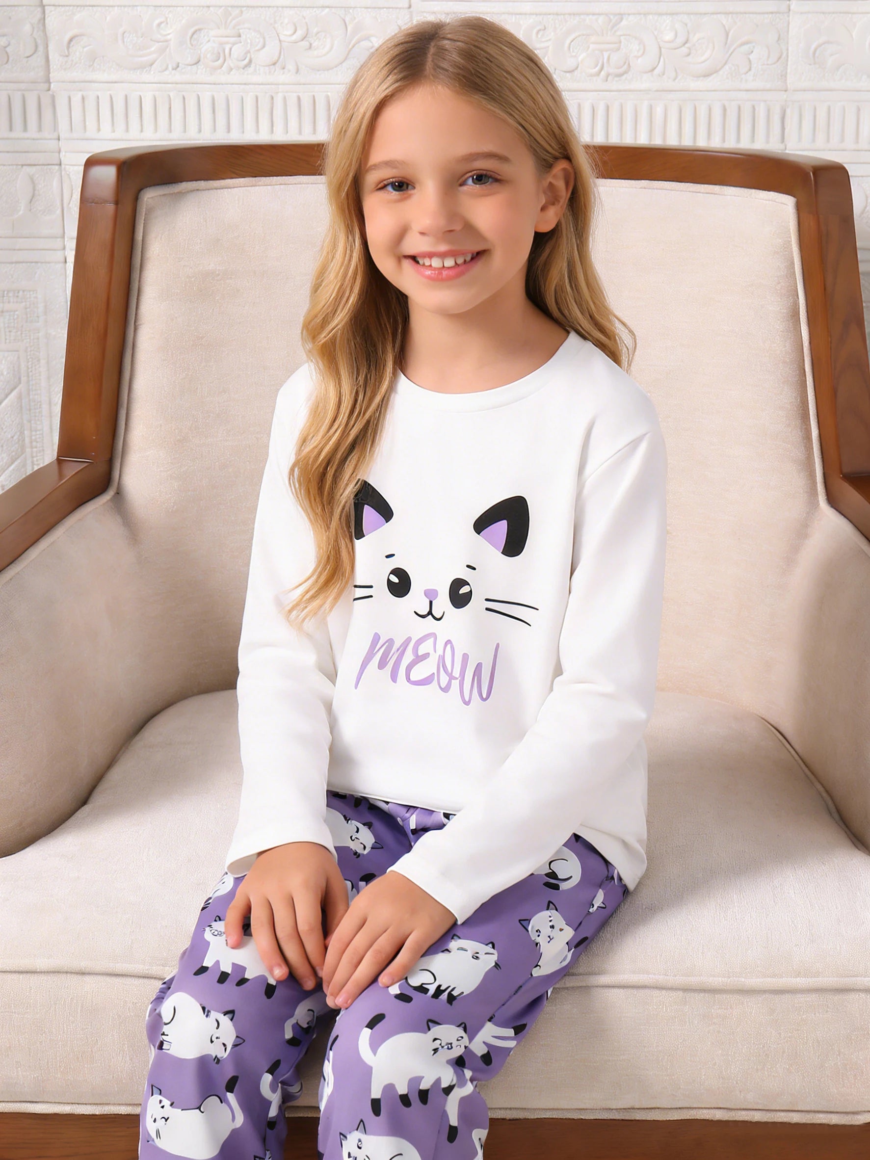 Conjunto de ropa para el hogar para niñas, top de manga larga y pantalones con diseño de gato, pijamas casuales y ropa de dormir adecuada para uso diario en el hogar