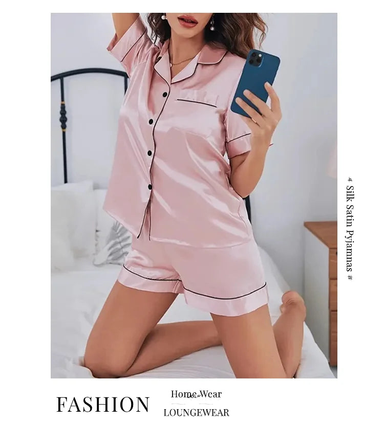 Conjunto de pijama de satén de seda para mujer, Top con botones y pantalones cortos, ropa de dormir con cuello con muescas, ropa de dormir de verano, 2 piezas