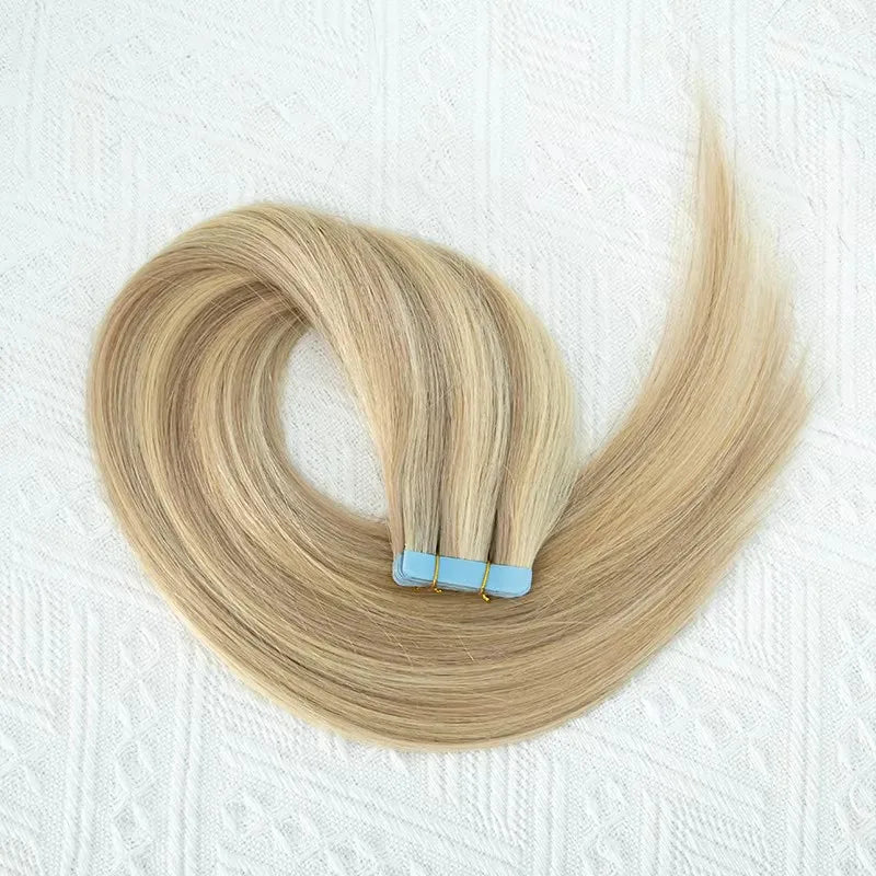 MRSHAIR cinta en extensiones de cabello cabello humano Rubio cinta sin costuras extensiones de cabello 4x0,8 cm trama de piel cinta de PU en el cabello 20 piezas 12 "-24"