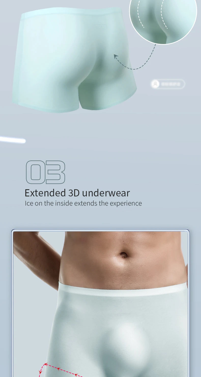 Ropa interior para hombre, Boxers de seda helada con estampado 3D, Boxers finos sin costuras, pantalones cortos deportivos alargados de verano para la cabeza