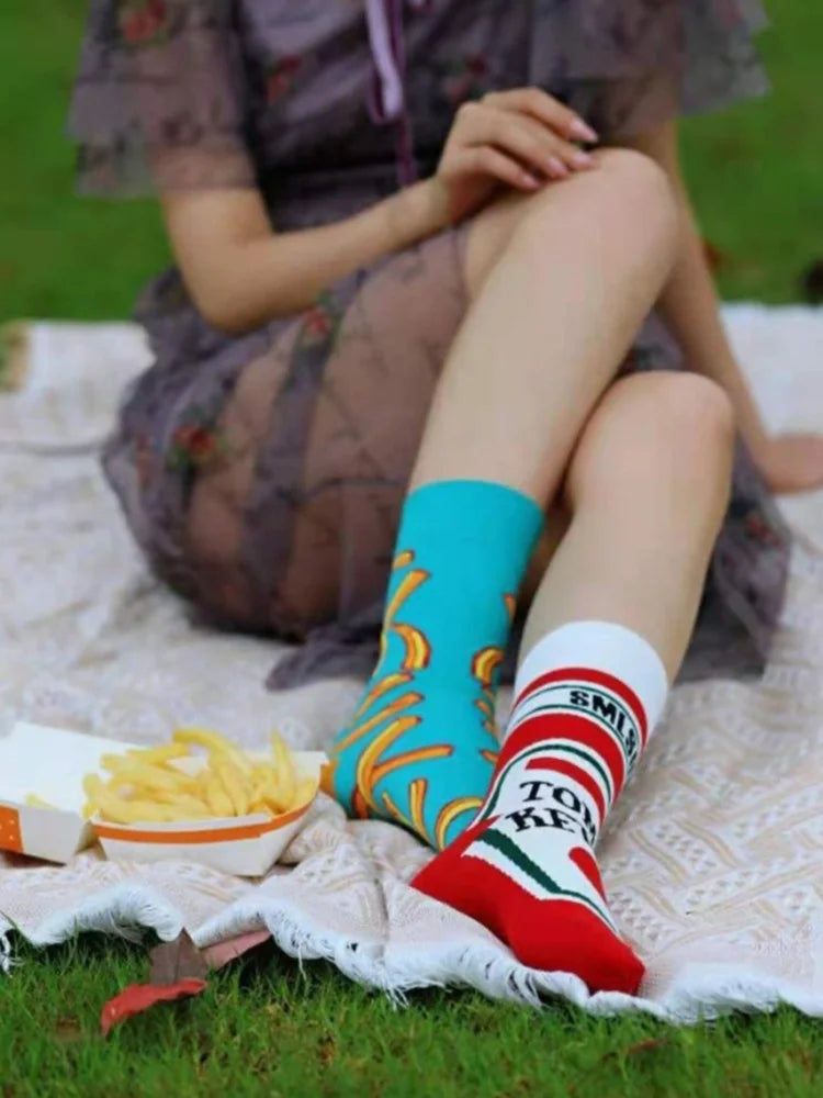 1 par Unisex divertido estilo AB tomate Ketchup French Fry impreso calcetines a media pantorrilla traje en todas las estaciones