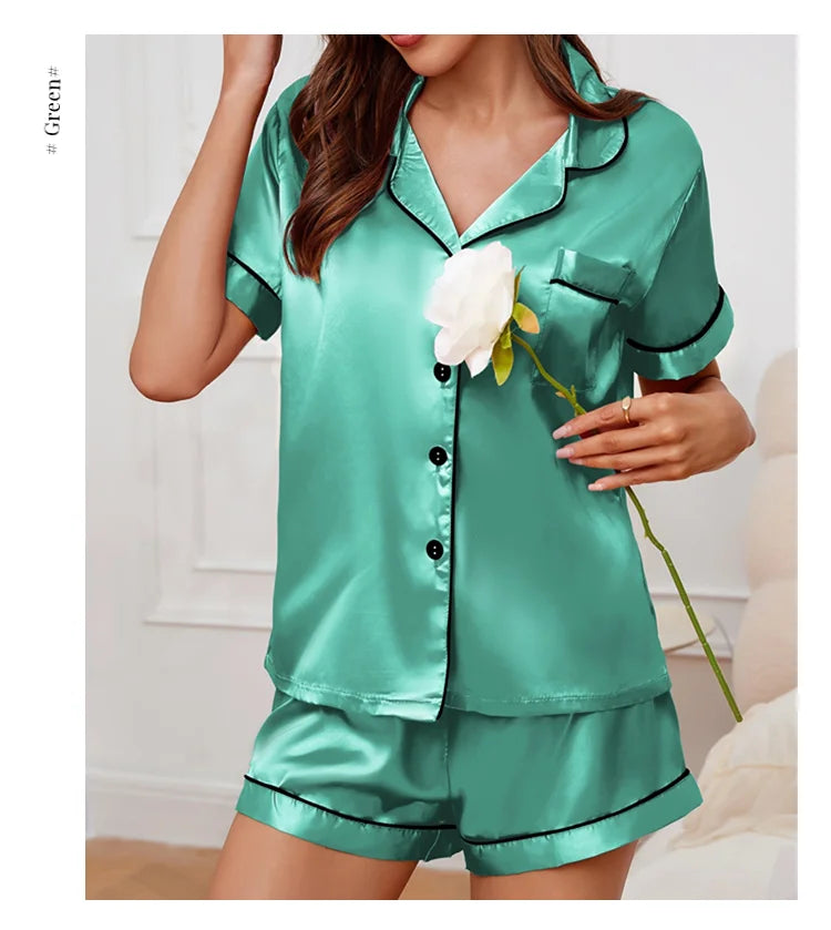 Conjunto de pijama de satén de seda para mujer, Top con botones y pantalones cortos, ropa de dormir con cuello con muescas, ropa de dormir de verano, 2 piezas