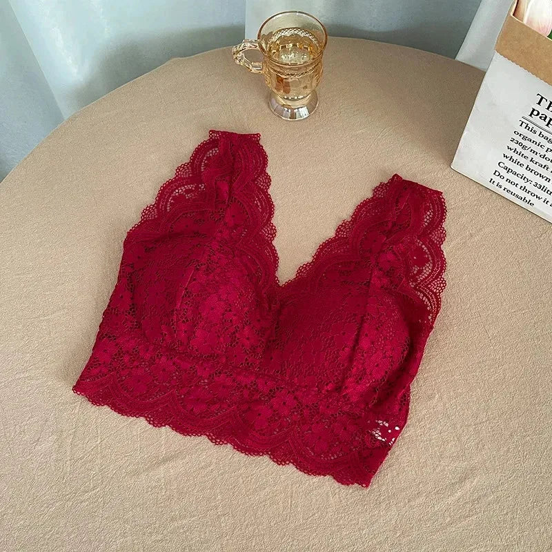 Sujetadores de encaje para mujer, Top con escote en V profundo, lencería Sexy sin aros, camisetas sin mangas, ropa interior femenina, Bralette con espalda en V, camisola acolchada