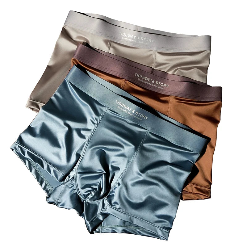 Ropa interior para hombre, pantalones cortos de cuatro esquinas de esquina plana transpirables de seda satinada de lujo ligera de alta gama, seda helada, sin marcas, 4 Uds.