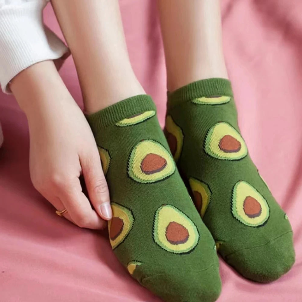 5 pares de calcetines tobilleros de aguacate con dibujos animados, moda fresca, transpirables, cómodos Kawaii para verano y otoño, calcetines náuticos de corte bajo para mujer
