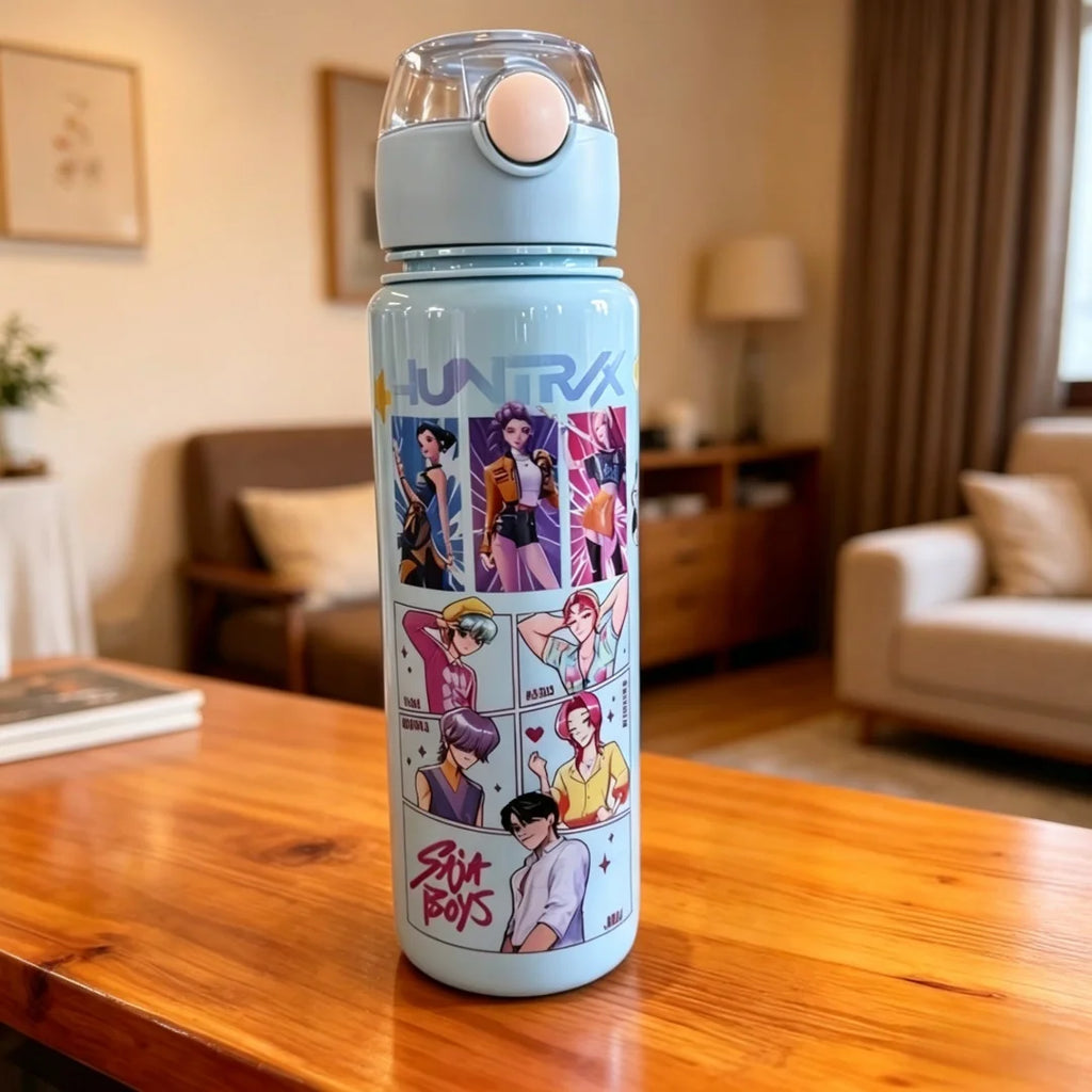 Botella de agua con figura de dibujos animados, taza portátil con pajita para exteriores para niños, deportes de verano para niñas, a prueba de fugas, linda