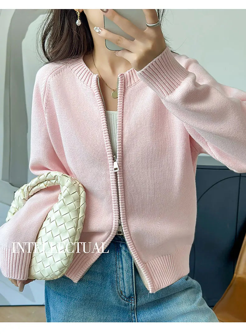 YTFidio 100% de algodón para mujer, cárdigan liso con cremallera gruesa y cuello redondo, ropa de diseñador de lujo, jersey para mujer, Tops femeninos 401