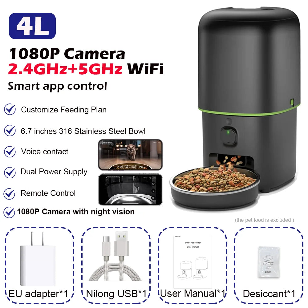 Alimentador automático para gatos, cámara inteligente para mascotas, dispensador de comida para gatos, 2,4G/5GWiFi, Control por aplicación Tuya, alimentador automático para accesorios para perros y gatos