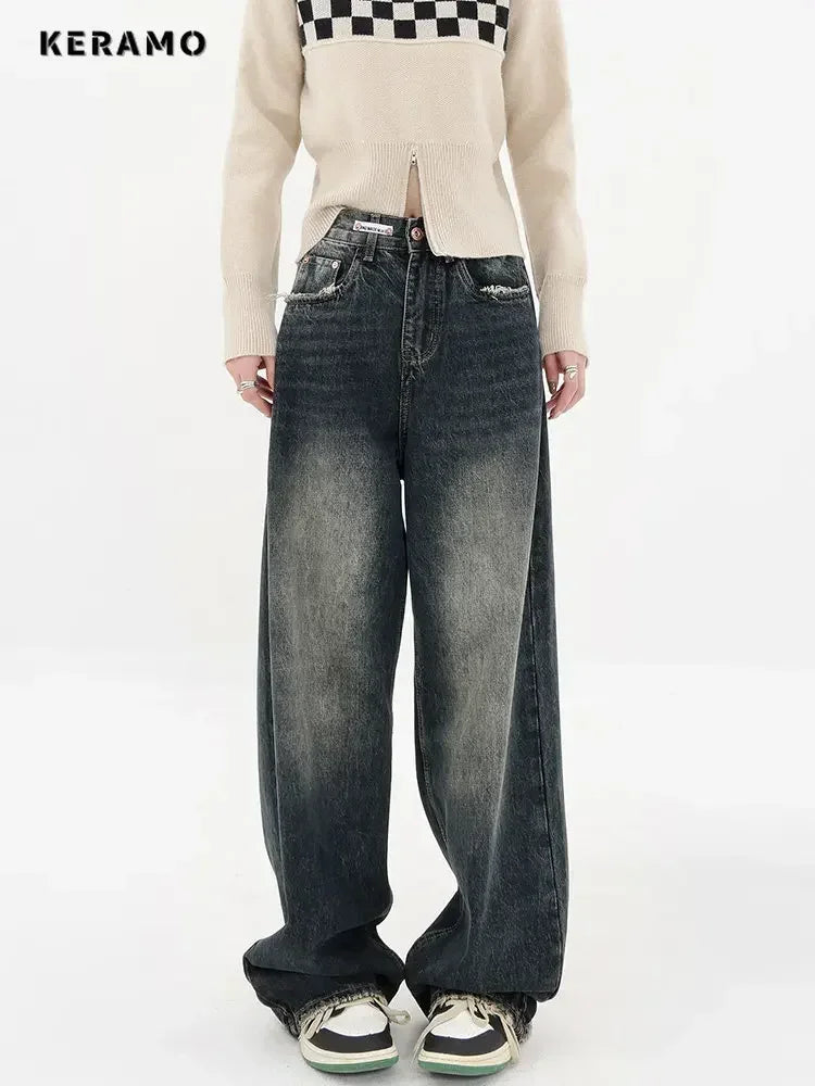 Ropa de calle Harajuku, moda Retro, pantalones vaqueros de cintura alta para mujer, pantalones vaqueros holgados rectos de pierna ancha Y2K, pantalones holgados
