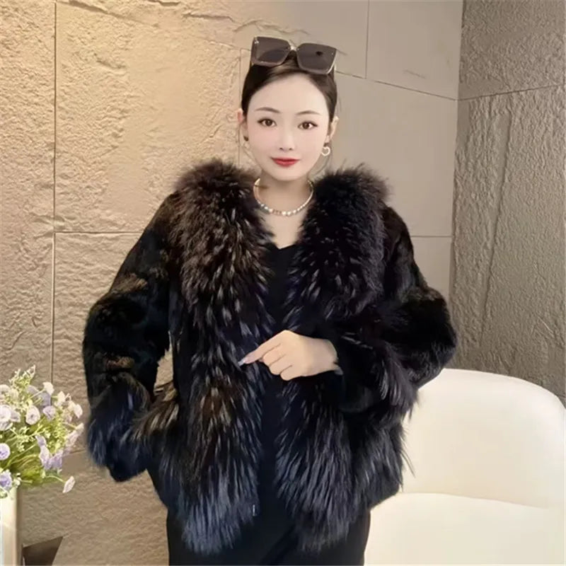 Abrigo de piel de conejo Rex auténtica para mujer, Chaqueta corta gruesa y cálida con cuello de piel de perro mapache, prendas de vestir exteriores cálidas elegantes para otoño e invierno