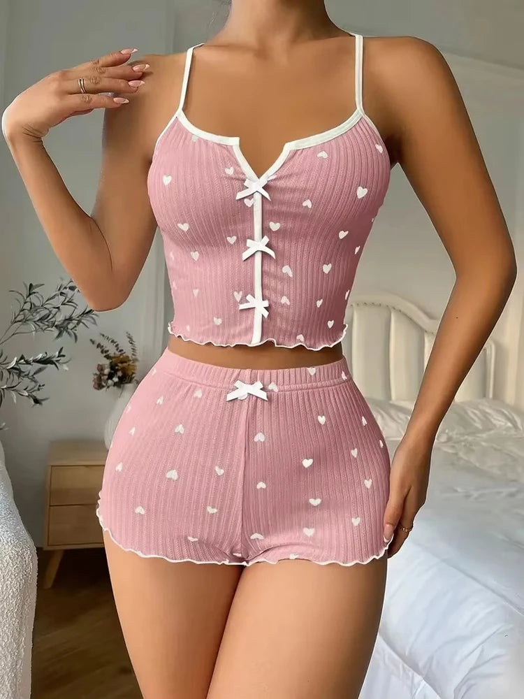 Conjunto de Pijama Sexy con Estampado de Corazón para Mujer, Ropa de Dormir de Seda, Cuello en V, Sin Mangas, Camiseta Informal y Pantalones Cortos, Ropa de Estar en Casa