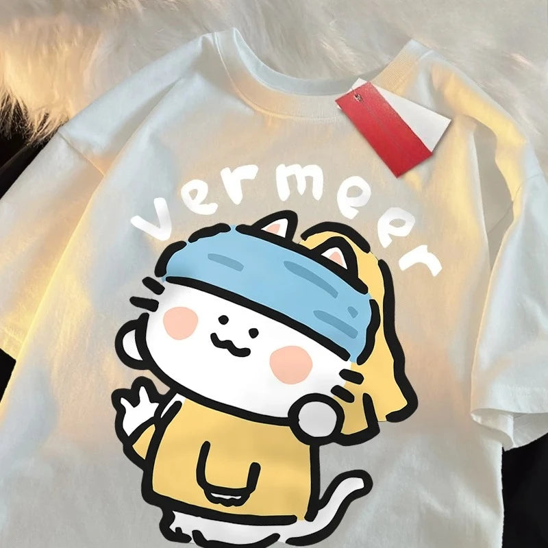 Camisetas divertidas de gato Cosplay Vermeer de estilo japonés, camiseta suave a la moda para mujer, camisetas para el sudor de Hip Hop, camisetas informales, camisetas gráficas