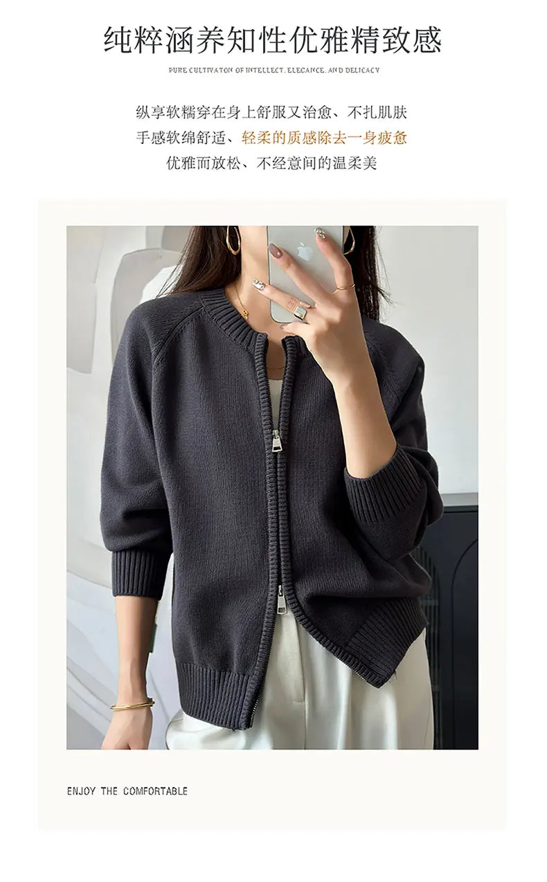 YTFidio 100% de algodón para mujer, cárdigan liso con cremallera gruesa y cuello redondo, ropa de diseñador de lujo, jersey para mujer, Tops femeninos 401