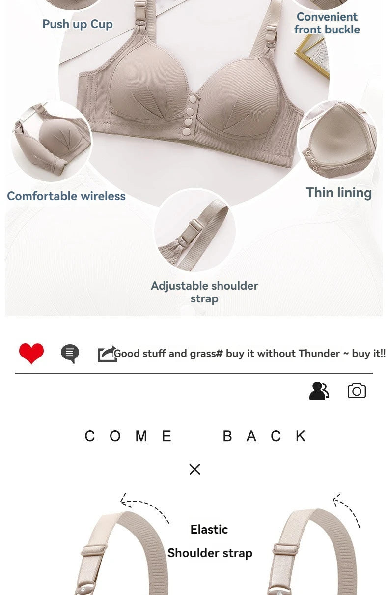 Nuevo sujetador de talla grande con hebilla frontal para mujer, Push up Sexy, copa fina ajustable, transpirable, cómoda, ropa interior para mamá de mediana edad