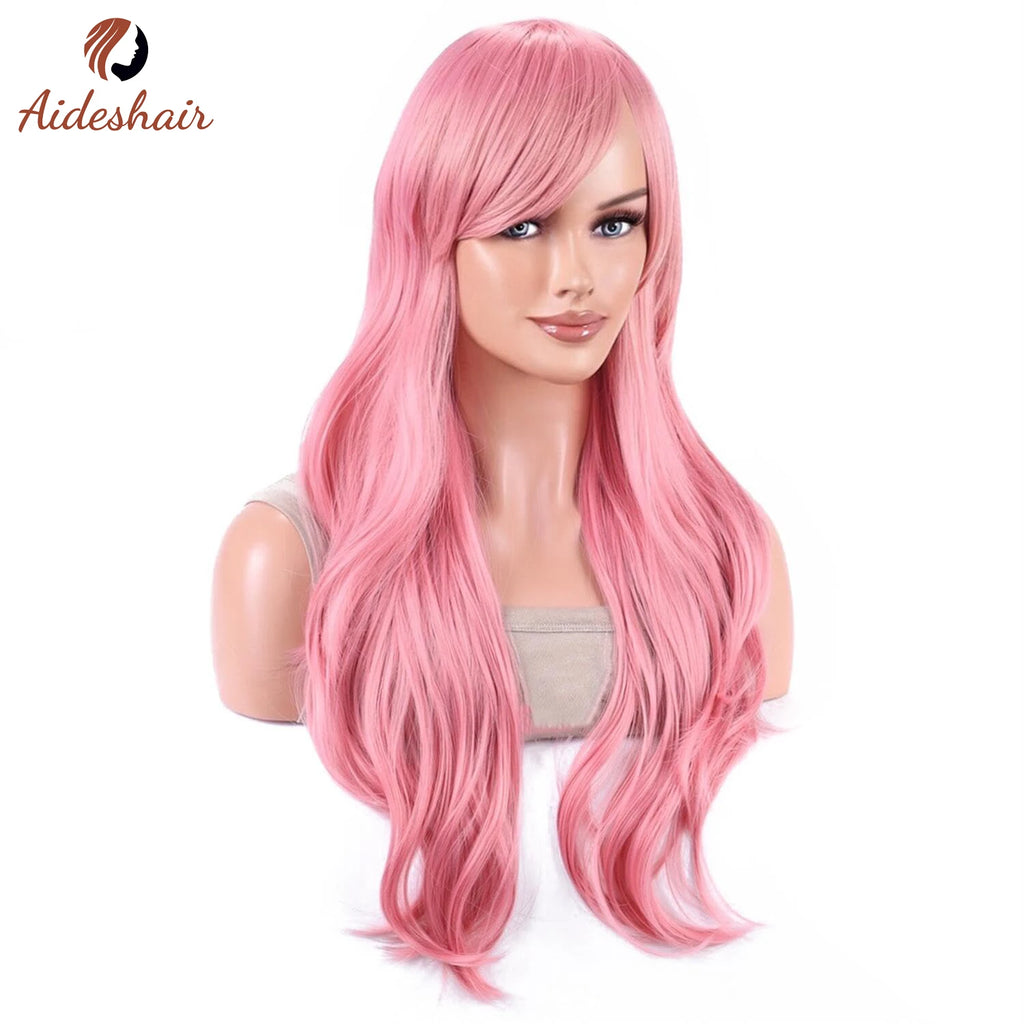 Peluca sintética Aideshair, pelucas de moda de 28 "y 70cm de largo, pelo rizado ondulado, peluca resistente al calor, peluca de Cosplay para mujeres con gorro de peluca gratis