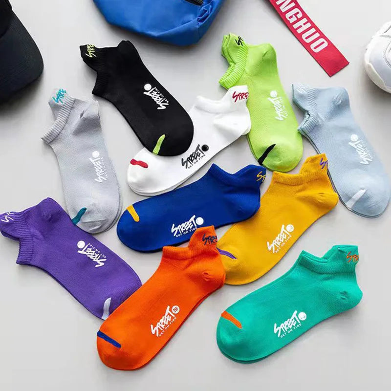 5 pares de calcetines de tobillo de color brillante sin mostrar calcetines transpirables para hombre, desodorante deportivo de moda callejera, calcetines invisibles para correr de viaje