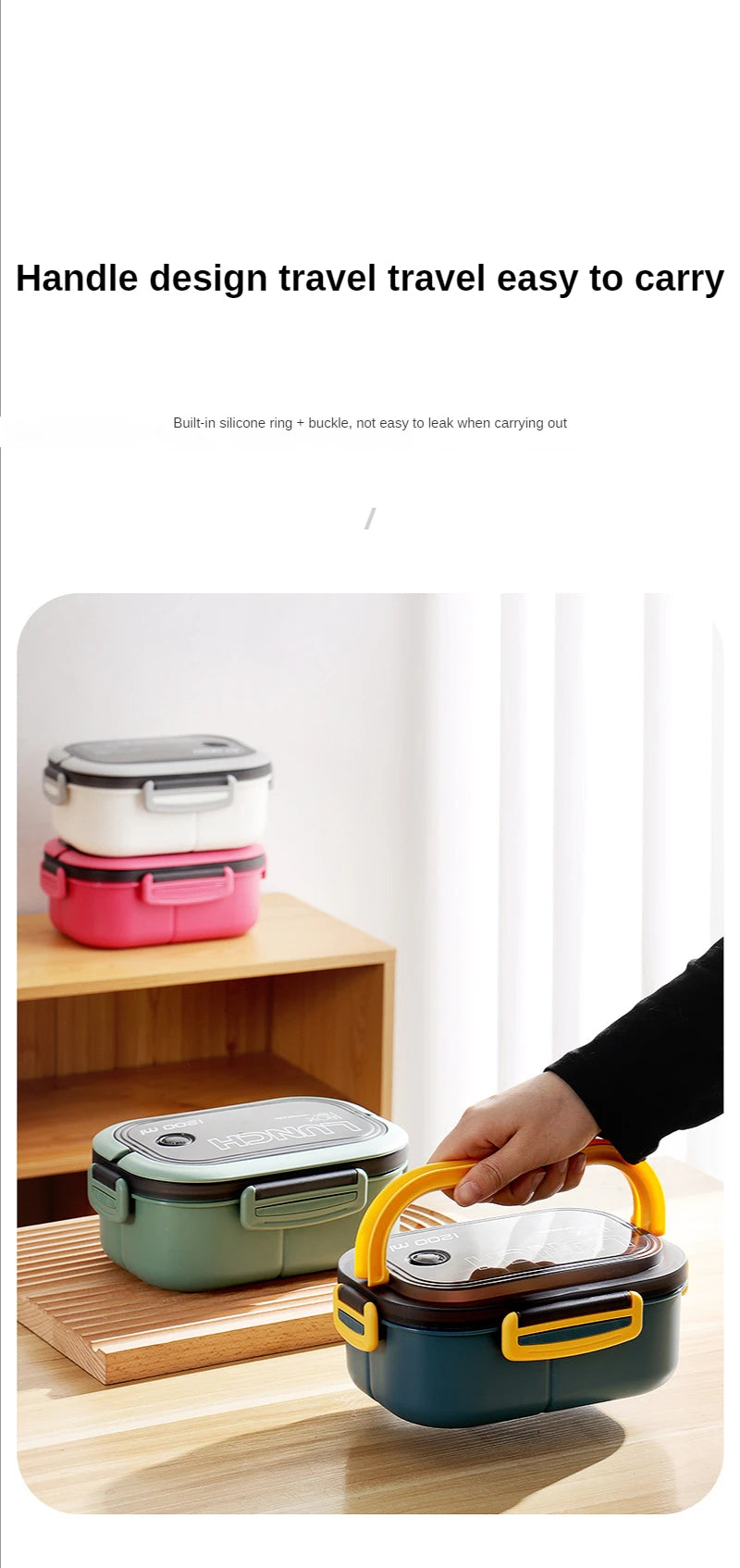 Fiambrera Bento de 2 capas con cuchara y tenedor para niños, contenedores de comida de Microwae de alta capacidad, portátiles, a prueba de fugas, para oficina y Camping, 1200ML