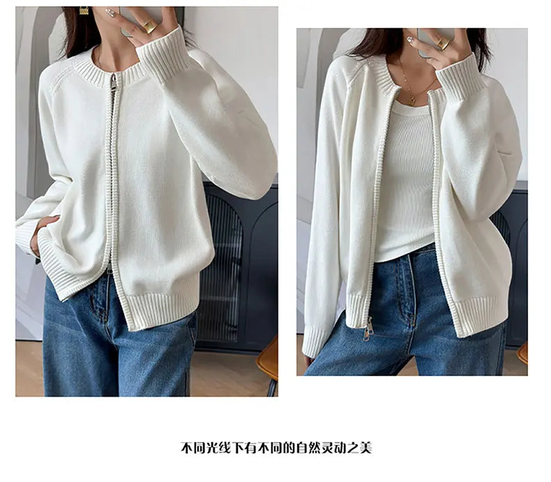 YTFidio 100% de algodón para mujer, cárdigan liso con cremallera gruesa y cuello redondo, ropa de diseñador de lujo, jersey para mujer, Tops femeninos 401