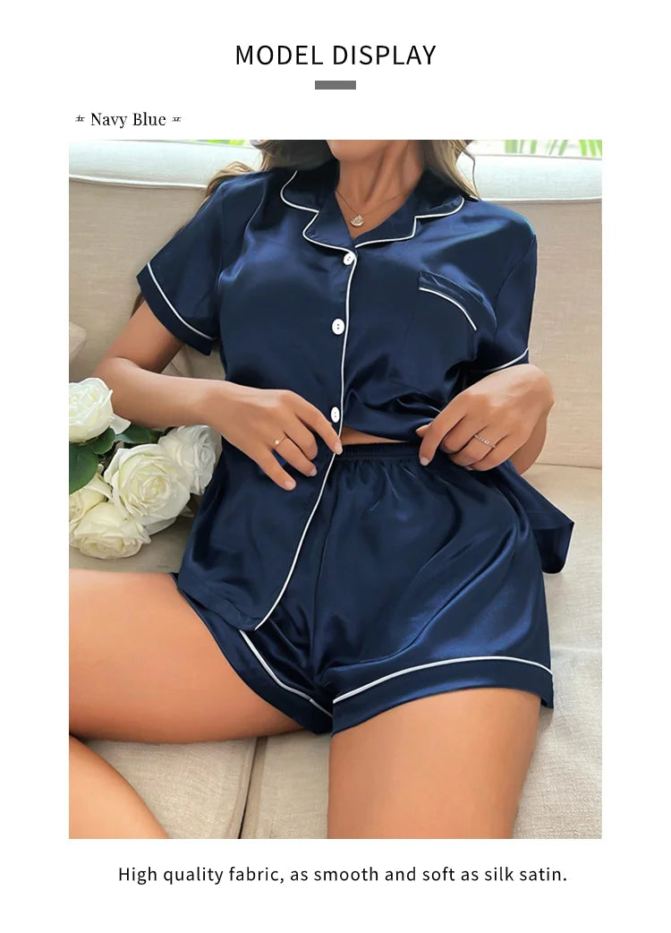 Conjunto de pijama de satén de seda para mujer, Top con botones y pantalones cortos, ropa de dormir con cuello con muescas, ropa de dormir de verano, 2 piezas