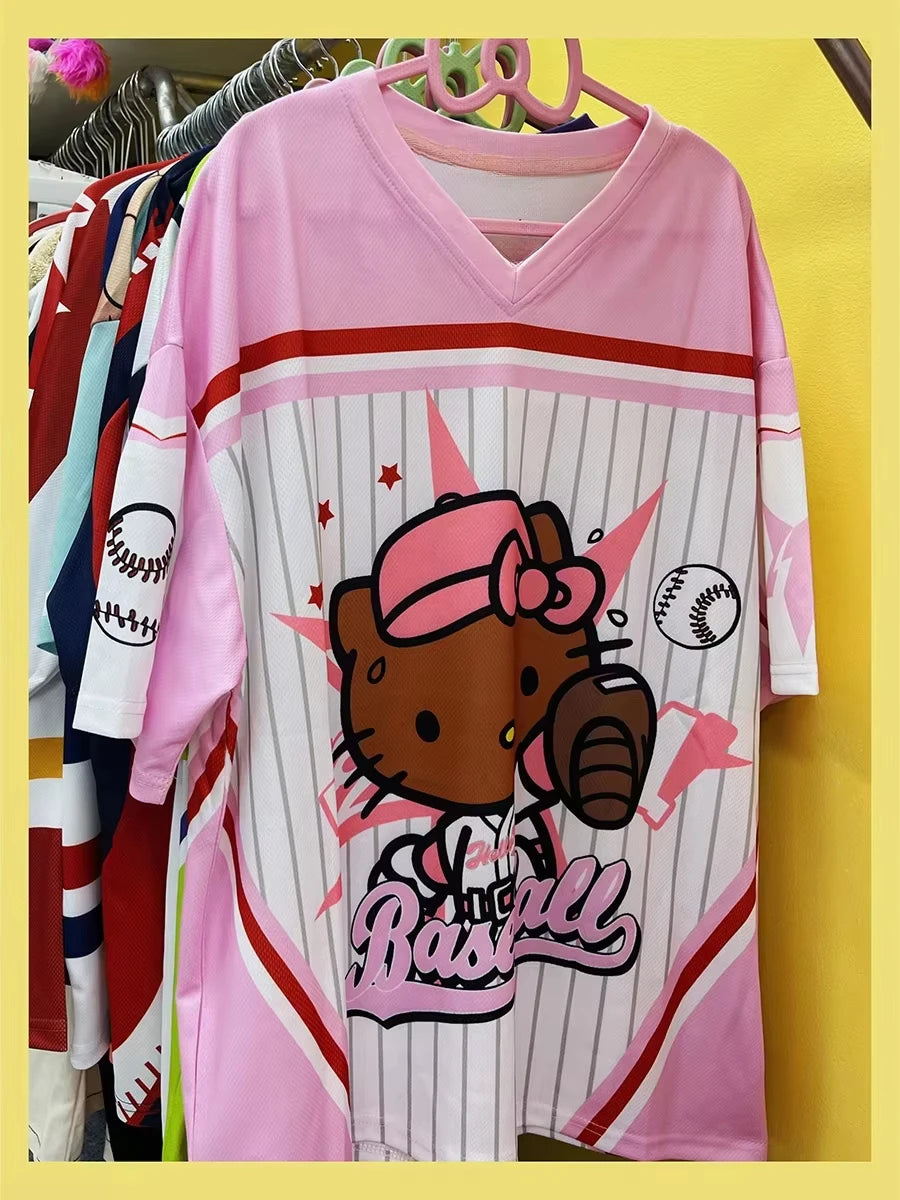 Camiseta de dibujos animados de Hello Kitty, ropa deportiva de moda para mujeres y hombres, pijamas con cuello en V, ropa de calle holgada informal ligera y transpirable, Tops