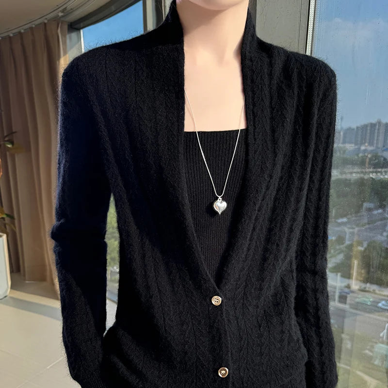 Cárdigan con cuello de bufanda para mujer, Tops, Otoño Invierno, nuevo suéter elegante de lana merina de 100%, suéter de lana elegante para mujer, blusa suave elegante