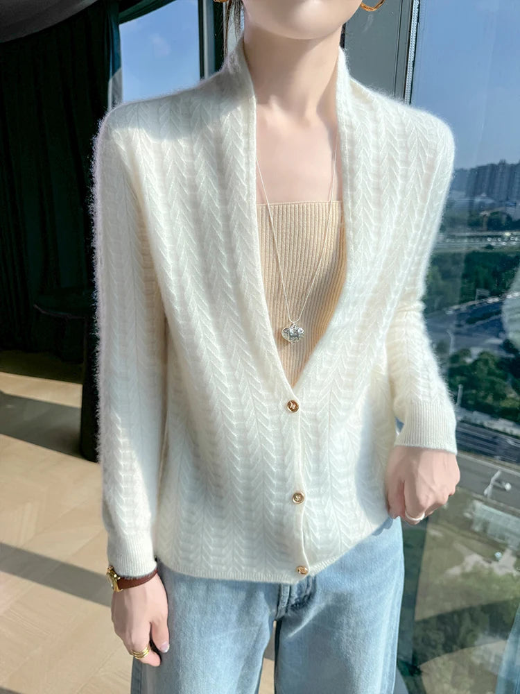 Cárdigan con cuello de bufanda para mujer, Tops, Otoño Invierno, nuevo suéter elegante de lana merina de 100%, suéter de lana elegante para mujer, blusa suave elegante