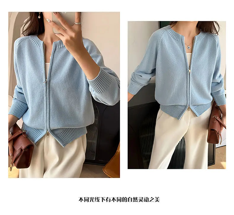 YTFidio 100% de algodón para mujer, cárdigan liso con cremallera gruesa y cuello redondo, ropa de diseñador de lujo, jersey para mujer, Tops femeninos 401