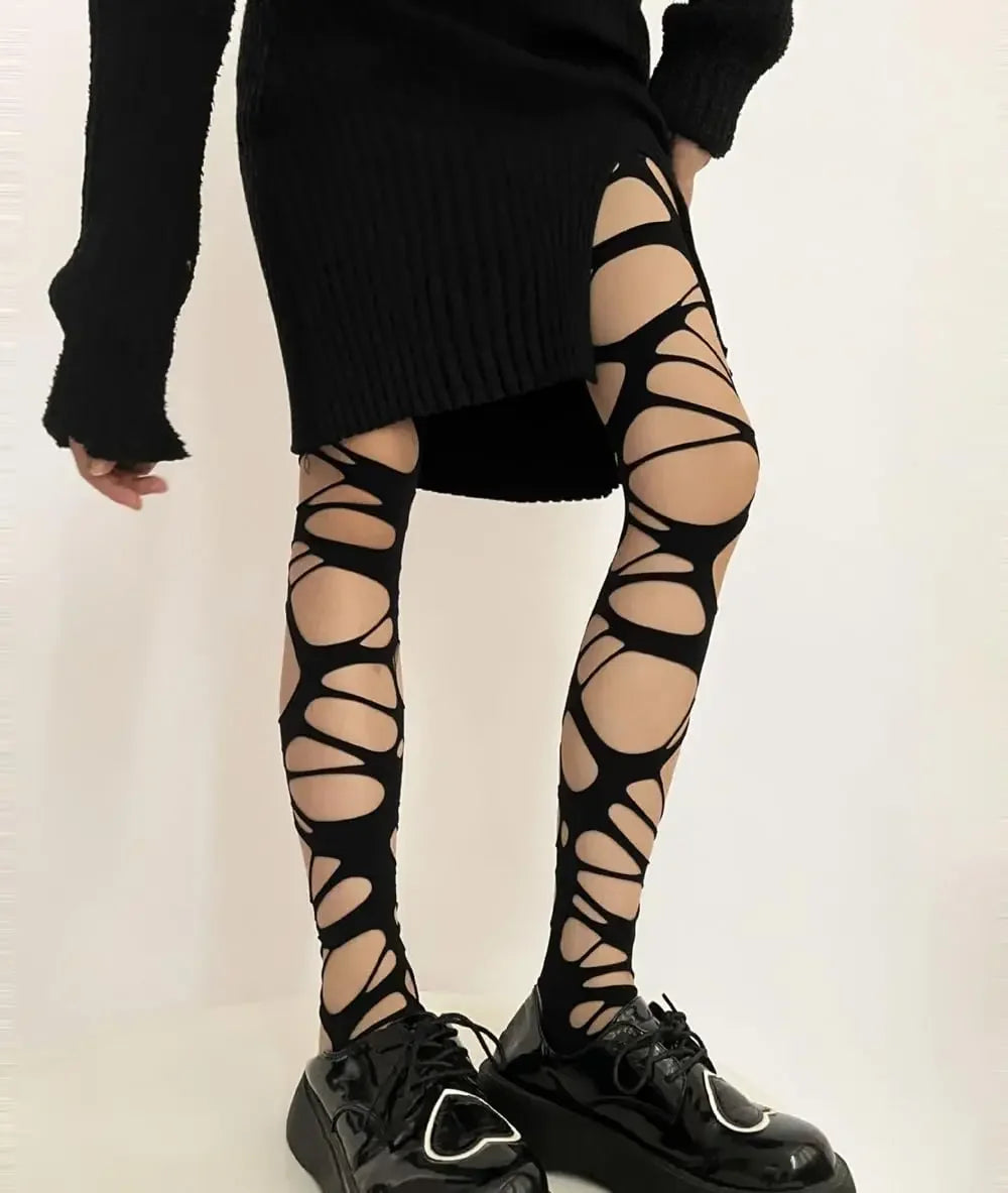 Medias de red rasgadas negras sexis para mujer, pantimedias de malla ajustadas con agujeros Punk gótico, mallas, estilo Emo, ropa de calle Egirl