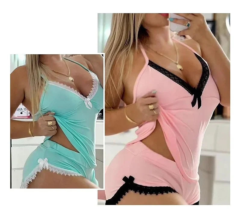 Conjunto de camisón con ribete de encaje sexy, ropa de dormir con tirantes para el hogar de gran tamaño, conjunto de dos piezas, gran oferta
