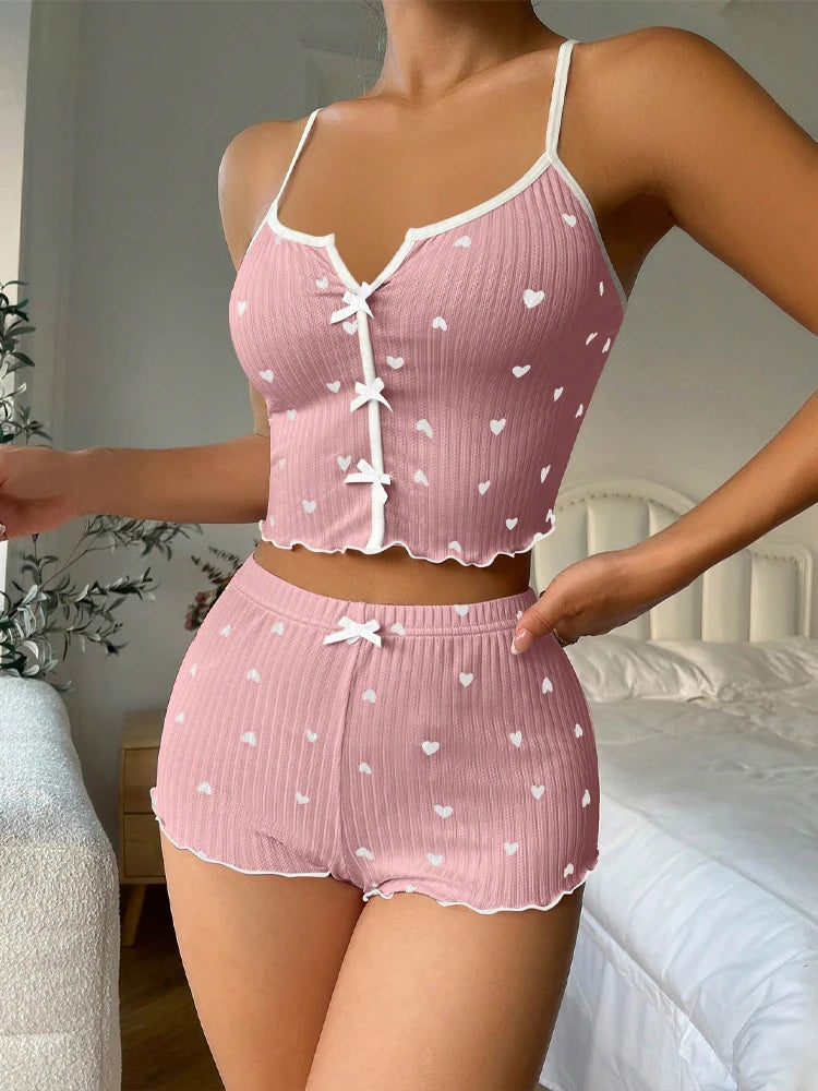 Conjunto de Pijama Sexy con Estampado de Corazón para Mujer, Ropa de Dormir de Seda, Cuello en V, Sin Mangas, Camiseta Informal y Pantalones Cortos, Ropa de Estar en Casa